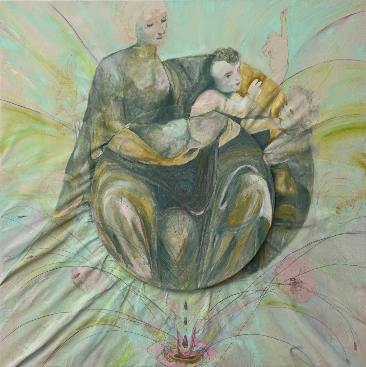 Saint Anne’s Lap after da Vinci by Zinnia Falcon, square mixed-media painting with layered figures above a raised circular lap, radiating fabric folds, a central spiral and subtle kernos forms