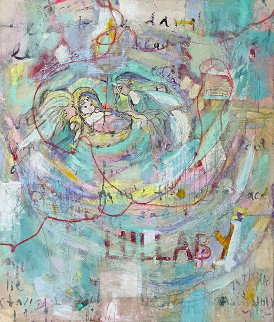Hush Now by Zinnia Falcon, mixed-media painting incorporating childhood imagery, text and red thread