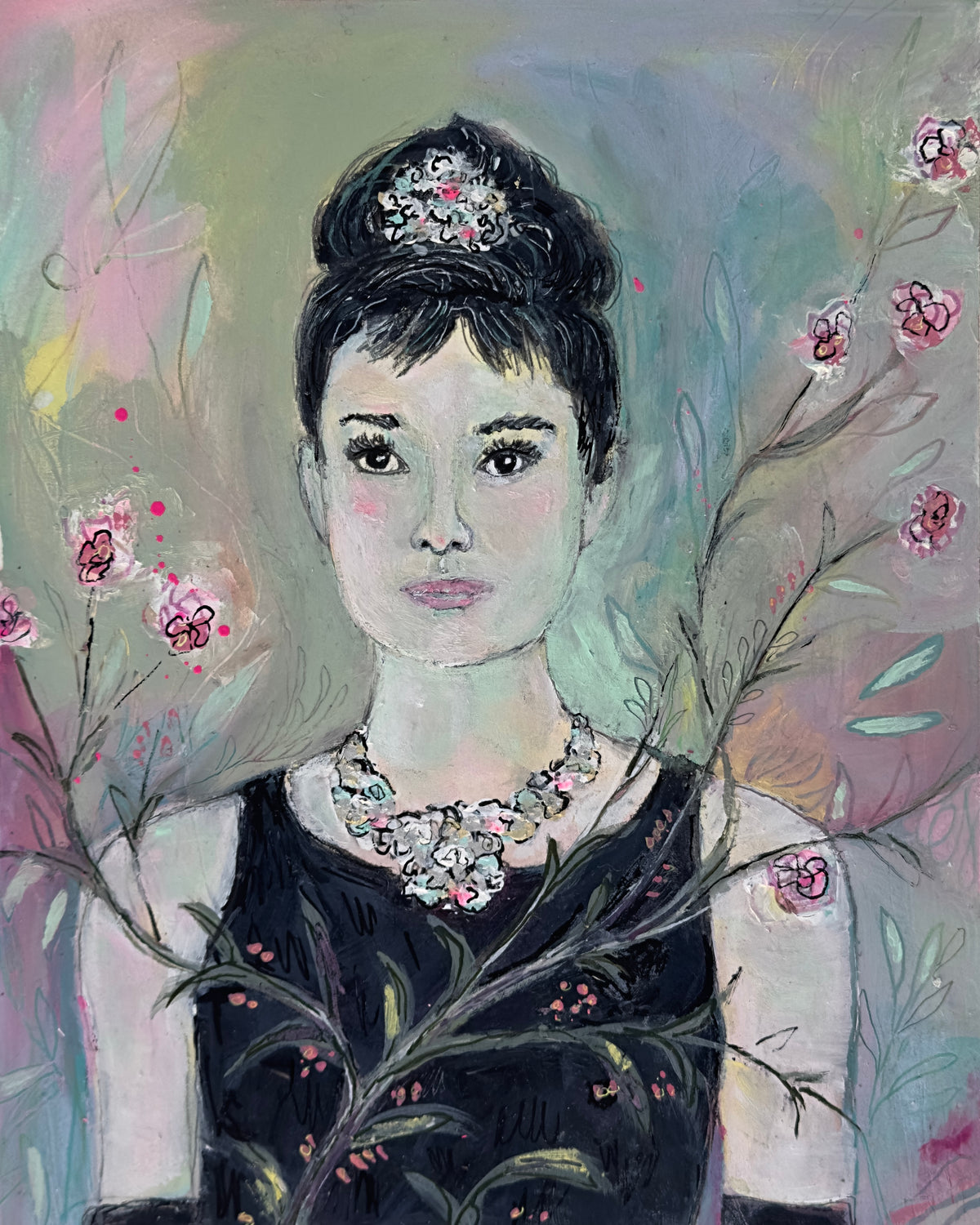 Mixed-media portrait of Audrey in a black dress, surrounded by flowering branches, by Zinnia Falcon.