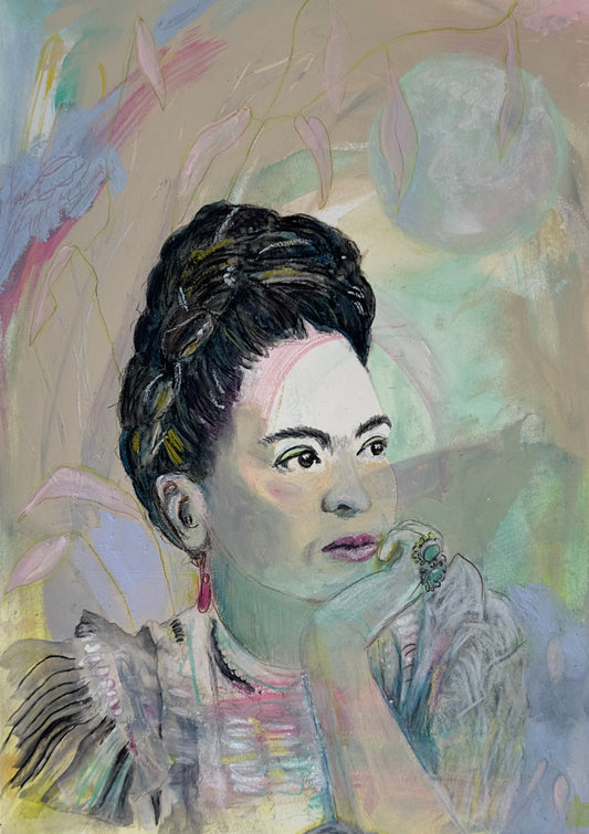 Mixed-media portrait of Frida Kahlo resting her chin on her hand against a layered botanical background, by Zinnia Falcon.