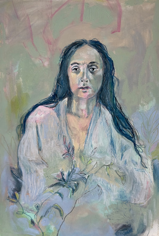 Mixed-media portrait of Georgia O’Keeffe with long dark hair, pale clothing and layered botanical forms, by Zinnia Falcon.