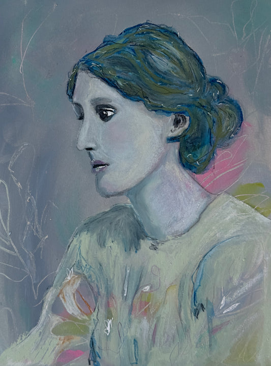 Mixed-media profile portrait of Virginia Woolf in blue-grey tones with abstract botanical forms, by Zinnia Falcon.